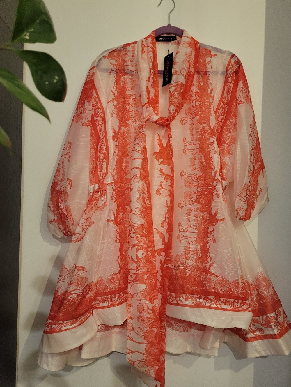 NWT NANCY YANG Crinkle Hi-Lo Tie Neck Mini Dress Coral White Toile Print Size S